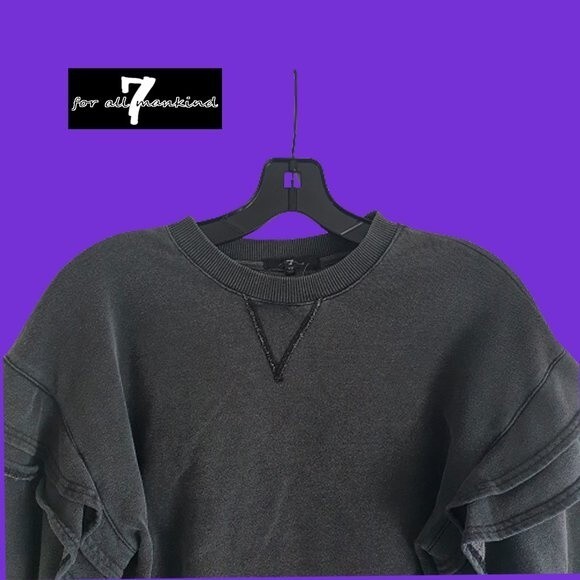7 FOR ALL MANKIND NEW Skater Ruffled Drop Shoulders Crop Sweatshirt XS - Picture 2 of 11